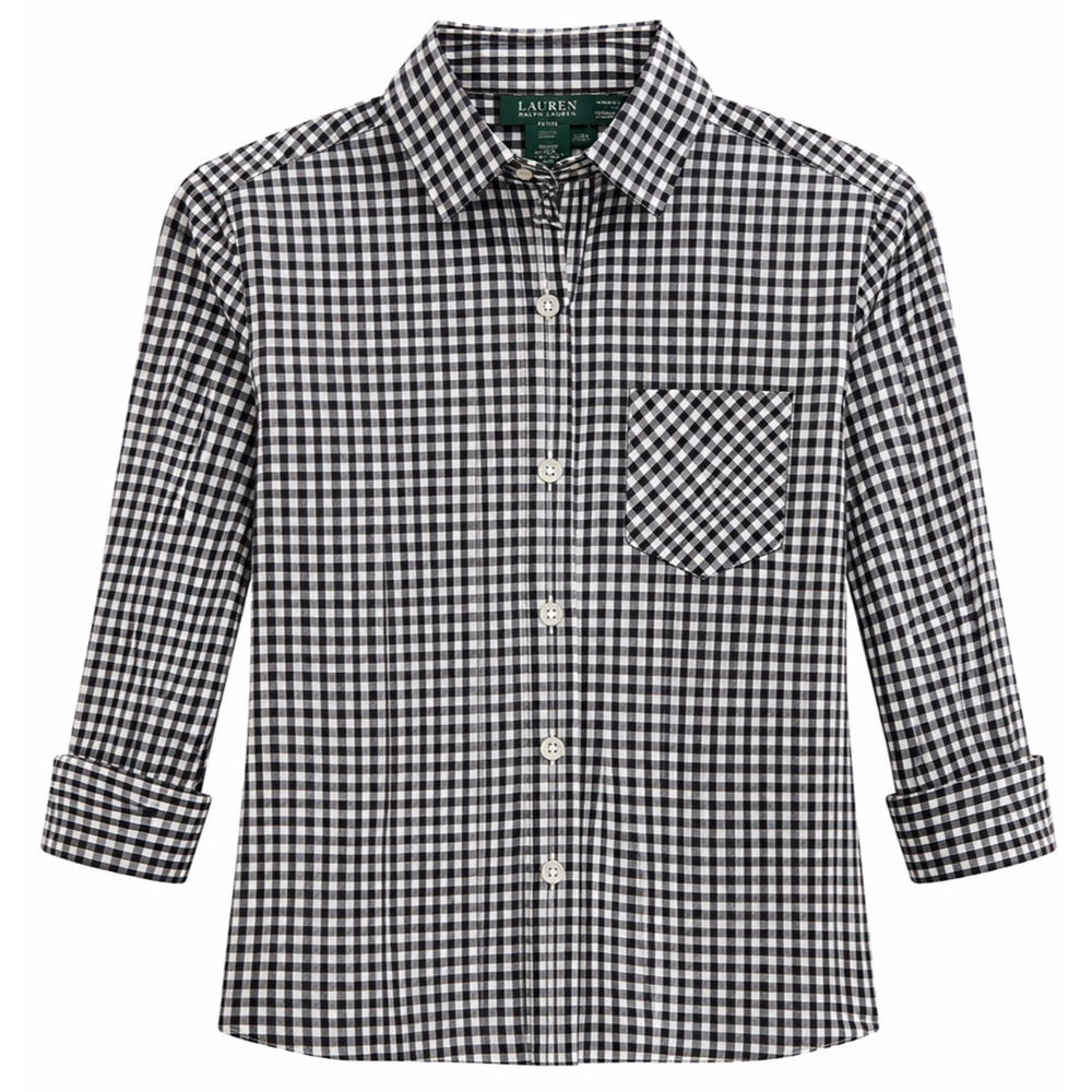 Lauren Ralph Lauren PM Gingham Shirt Black White 3/4 Sleeve Roll Cuff Cotton